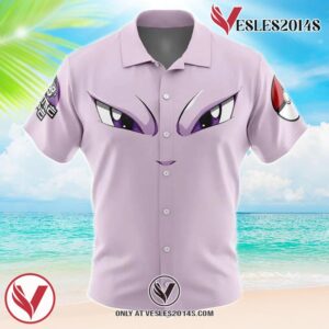 Mewtwo Face Pokemon Hawaiian Button Up Shirt, Perfect Gifts For Anime Lovers - Vesles2014S