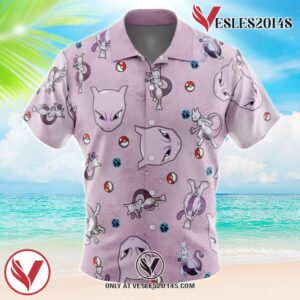 Mewtwo Pattern Pokemon Hawaiian Button Up Shirt, Perfect Gifts For Anime Lovers - Vesles2014S