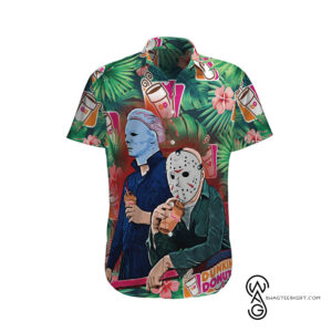 Michael Myers And Jason Voorhees Dunkins Donut Halloween Casual Beach Full Printing Hawaiian Shirt Vesles2014S