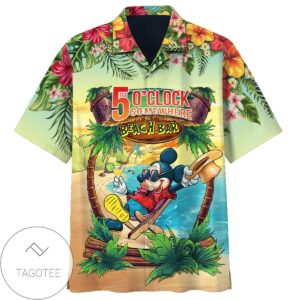 Mickey Mouse Disney It's 5 O'clock Somewhere Beach Bar Hawaiian Graphic Print Short Sleeve Hawaiian Casual Shirt Vesles2014S