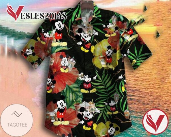 Mickey Mouse With Milk Tea Disney For men And Women Graphic Print Short Sleeve Hawaiian Casual Shirt Vesles2014S 1