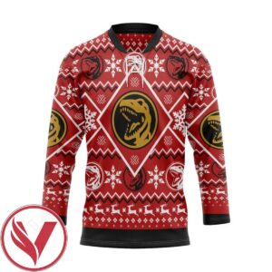 Mighty Morphin Red Power Ranger Ugly Christmas Custom Hockey Jersey, Trending Gifts For Fans - Vesles2014s