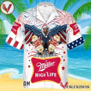 Miller High Life Eagle Fireworks Independence Day Hawaiian Shirt, Best Summer Gifts For Fans - Vesles2014S 1