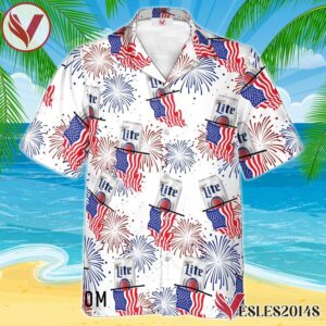 Miller Lite American Flag Fireworks Hawaiian Shirt, Best Summer Gifts For Fans - Vesles2014S 1