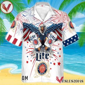 Miller Lite Eagle Fireworks Independence Day Hawaiian Shirt, Best Summer Gifts For Fans - Vesles2014S 1