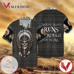 Native Skull Native Blood Runs Through My Veins Graphic Print Short Sleeve Hawaiian Casual Shirt Vesles2014S