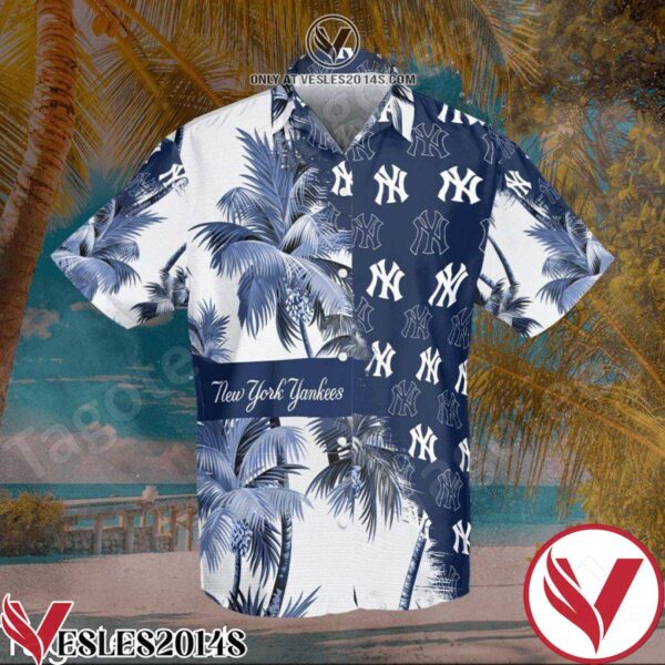 New York Yankees Palm Tree White Cobalt Hawaiian Shirt And Short, Unique Gifts For Friends - Vesles2014S 1