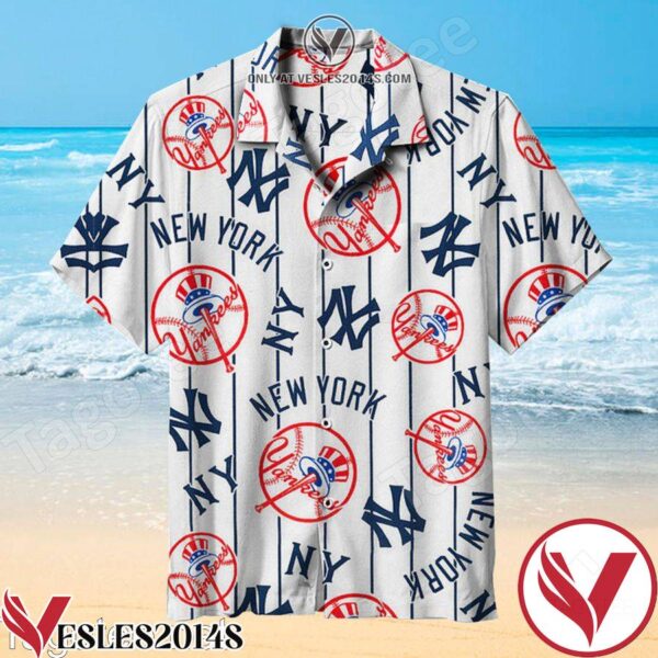 New York Yankees Thin Stripes Navy On White Vertical Hawaiian Shirt, Unique Gifts For Friends - Vesles2014S 1
