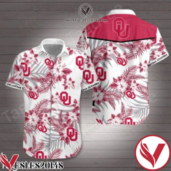 Oklahoma Sooners Logo And Hibiscus Flowers Red White Hawaiian Shirt, Unique Gifts For Friends - Vesles2014S 1