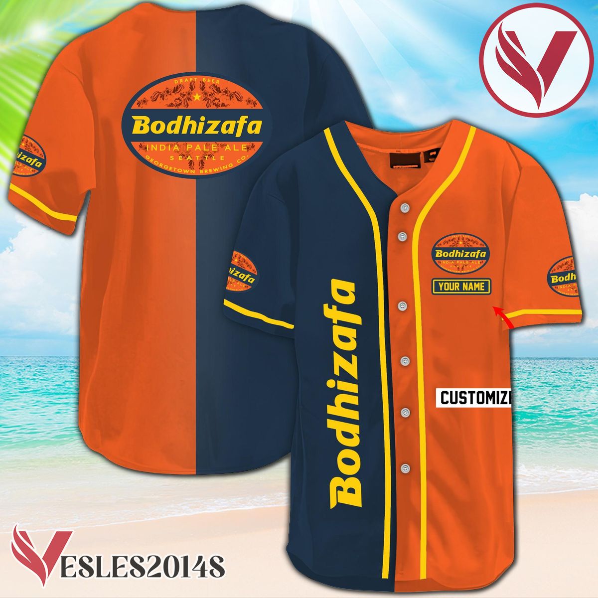 Orange And Navi Split Bodhizafa Beer Baseball Jersey, Perfect Gifts For Fans - Vesles2014S