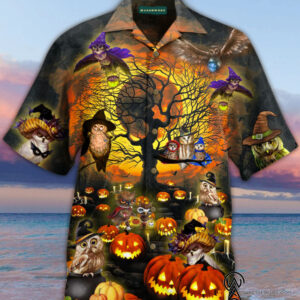 Owl And Pumpkin Halloween Full Printing Hawaiian Shirt Funny Hawaiian Beach Gift Casual Shirt Vesles2014S