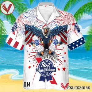 Pabst Blue Ribbon Eagle Fireworks Independence Day Hawaiian Shirt, Best Summer Gifts For Fans - Vesles2014S 1