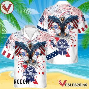 Pabst Blue Ribbon Eagle Fireworks Independence Day Hawaiian Shirt, Best Summer Gifts For Fans - Vesles2014S