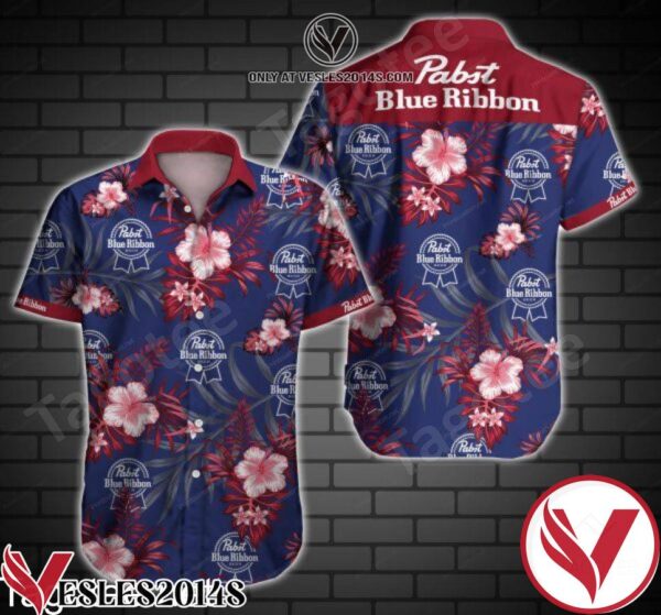 Pabst Blue Ribbon Red Tropical Floral Purple Hawaiian Shirt, Unique Gifts For Friends - Vesles2014S 1