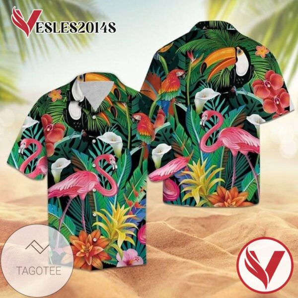 Parrot And Flamingo Hawaiian Graphic Print Short Sleeve Hawaiian Casual Shirt Vesles2014S