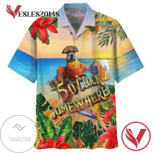 Parrot It's 5 O'clock Somewhere Print Short Sleeve Hawaiian Casual Shirt Vesles2014S 1