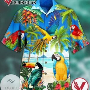 Parrot Tropical Flowers Print Short Sleeve Hawaiian Casual Shirt Vesles2014S 1