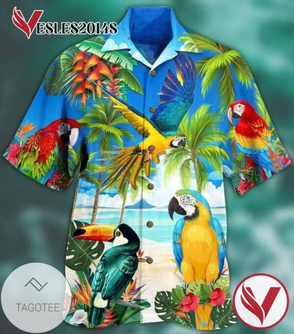 Parrot Tropical Flowers Print Short Sleeve Hawaiian Casual Shirt Vesles2014S 1