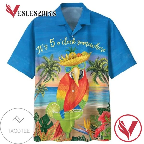 Parrot it's 5 o'clock somewhere tropical Print Short Sleeve Hawaiian Casual Shirt Vesles2014S 1