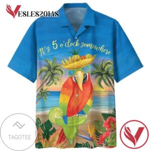 Parrot it's 5 o'clock somewhere tropical Print Short Sleeve Hawaiian Casual Shirt Vesles2014S