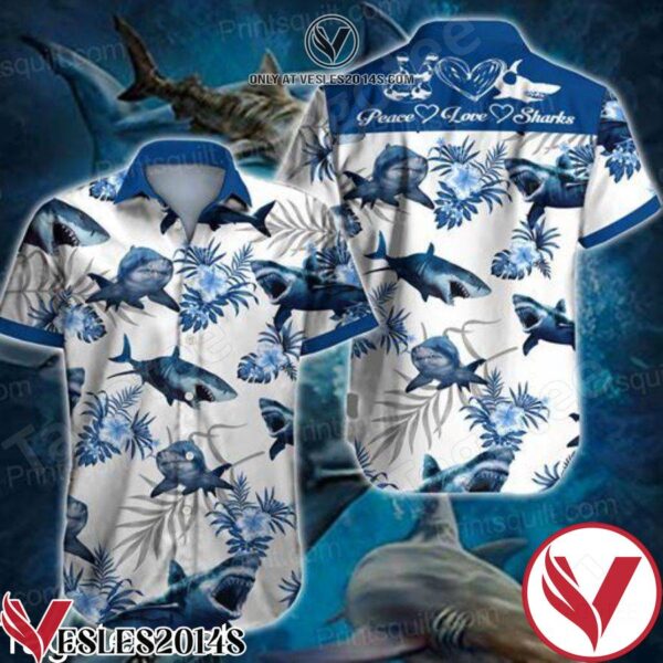 Peace Love Sharks Blue Tropical Floral White Hawaiian Shirt, Unique Gifts For Friends - Vesles2014S 1