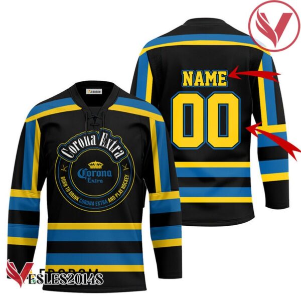 Personalized Black Born To Drink Corona Extra and Play Hockey Jersey - Vesles2014S