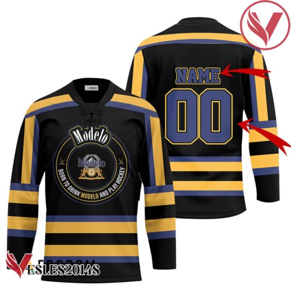 Personalized Black Born To Drink Modelo Beer and Play Hockey Jersey - Vesles2014S