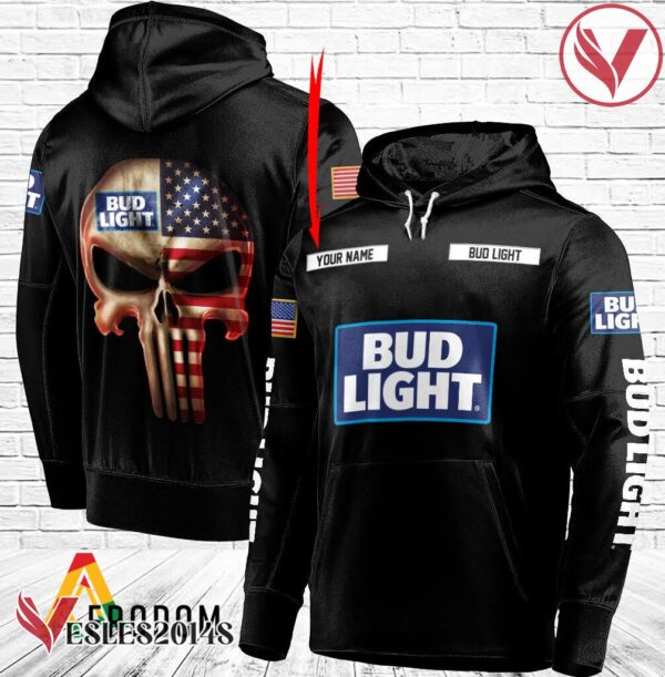 Personalized Black USA Flag Skull Bud Light Hoodie - Vesles2014S