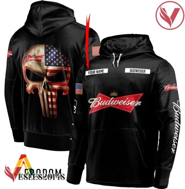 Personalized Black USA Flag Skull Budweiser Beer Hoodie - Vesles2014S