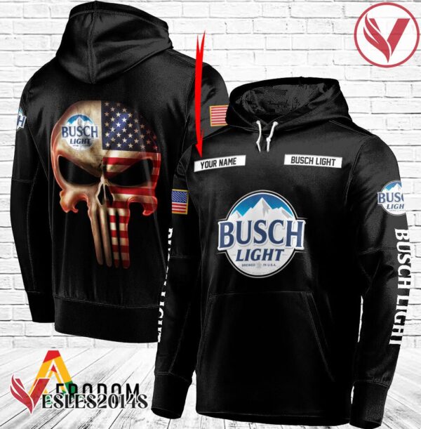 Personalized Black USA Flag Skull Busch Light Hoodie - Vesles2014S