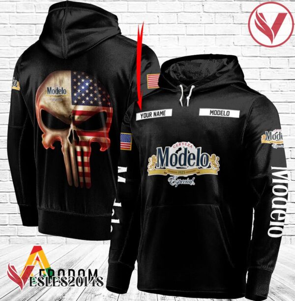 Personalized Black USA Flag Skull Cerveza Modelo Hoodie - Vesles2014S