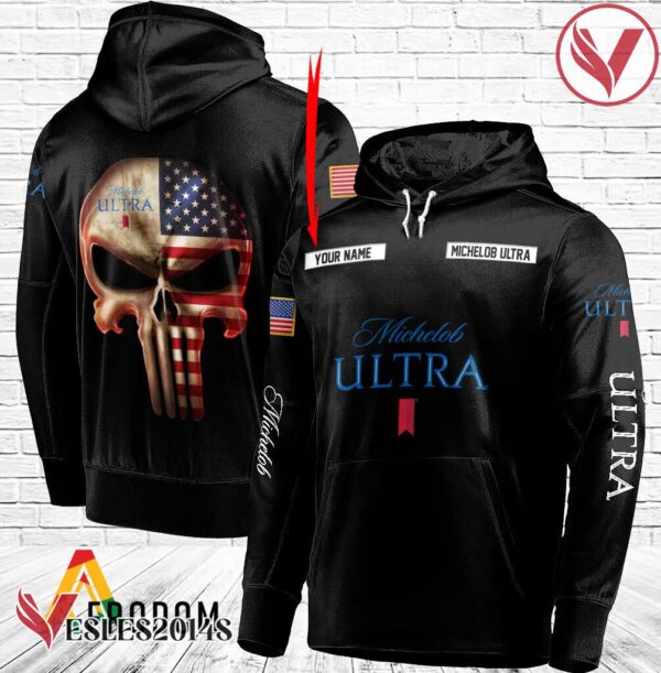 Personalized Black USA Flag Skull Michelob ULTRA Hoodie - Vesles2014S