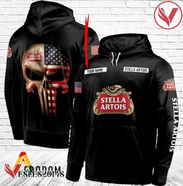 Personalized Black USA Flag Skull Stella Artois Hoodie - Vesles2014S