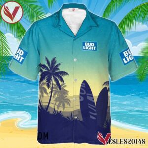 Personalized Bud Light Palm Tree Surfboard Hawaiian Shirt, Best Summer Gifts For Fans - Vesles2014S 1