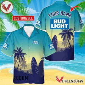 Personalized Bud Light Palm Tree Surfboard Hawaiian Shirt, Best Summer Gifts For Fans - Vesles2014S