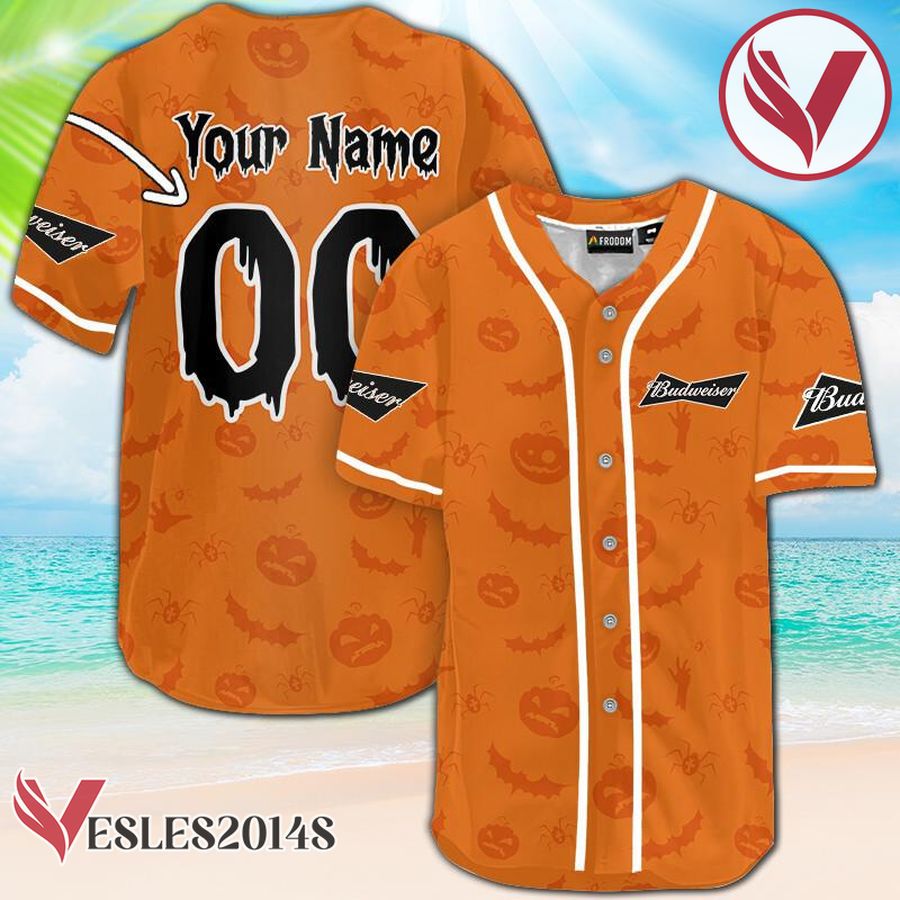 Personalized Budweiser Beer Halloween Patterns Baseball Jersey, Perfect Gifts For Fans - Vesles2014S