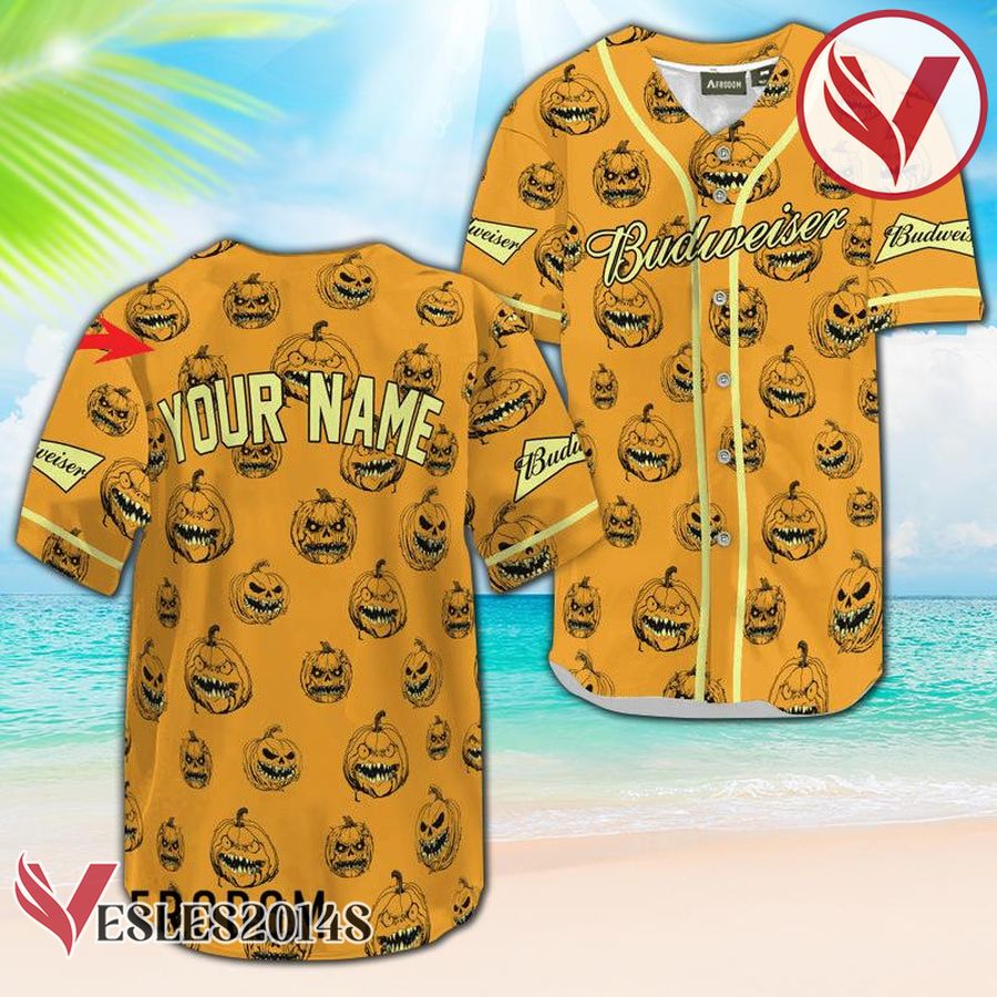 Personalized Budweiser Beer Halloween Pumpkin Baseball Jersey, Perfect Gifts For Fans - Vesles2014S