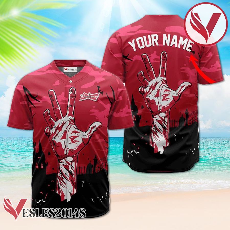 Personalized Budweiser Beer Halloween Zombie's Hand Baseball Jersey, Perfect Gifts For Fans - Vesles2014S
