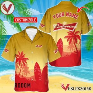 Personalized Budweiser Beer Palm Tree Surfboard Hawaiian Shirt, Best Summer Gifts For Fans - Vesles2014S