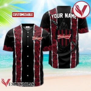 Personalized Budweiser Beer Red Skeleton Rose Baseball Jersey, Perfect Gifts For Fans - Vesles2014S