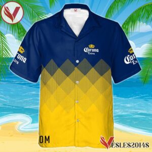 Personalized Corona Extra Yellow And Blue Halftone Hawaiian Shirt, Best Summer Gifts For Fans - Vesles2014S 1