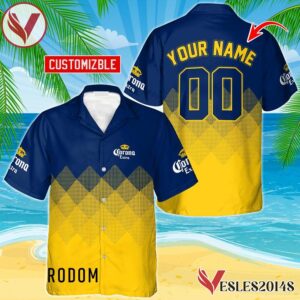 Personalized Corona Extra Yellow And Blue Halftone Hawaiian Shirt, Best Summer Gifts For Fans - Vesles2014S