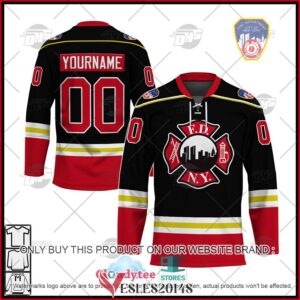 Personalized FDNY Fire Department New York Maltese Cross Black Hockey Jersey, Trending Gifts For Fans - Vesles2014s