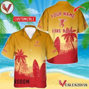 Personalized Fireball Whiskey Palm Tree Surfboard Hawaiian Shirt, Best Summer Gifts For Fans - Vesles2014S