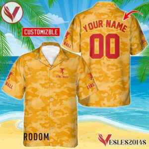 Personalized Fireball Whiskey Yellow Camouflage Hawaiian Shirt, Best Summer Gifts For Fans - Vesles2014S