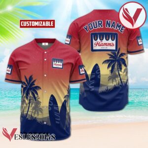 Personalized Hamm's Beer Palm Tree Surfboard Baseball Jersey, Perfect Gifts For Fans - Vesles2014S