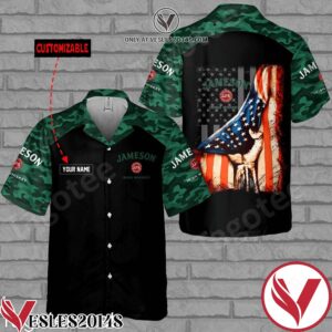 Personalized Jameson Irish Whiskey USA Flag Camo Black Hawaiian Shirt And Short, Unique Gifts For Friends - Vesles2014S 1