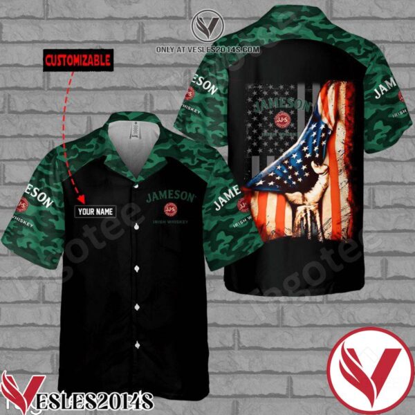 Personalized Jameson Irish Whiskey USA Flag Camo Black Hawaiian Shirt And Short, Unique Gifts For Friends - Vesles2014S 1