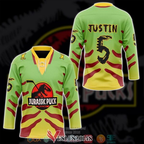 Personalized Jurassic Puck golf green Hockey Jersey Shirt, Trending Gifts For Fans - Vesles2014s