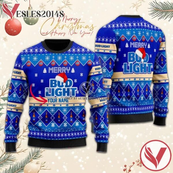 Personalized Merry Bud Light Christmas Ugly Sweater, Unique Winter Outfits For Fans - Vesles2014S  1